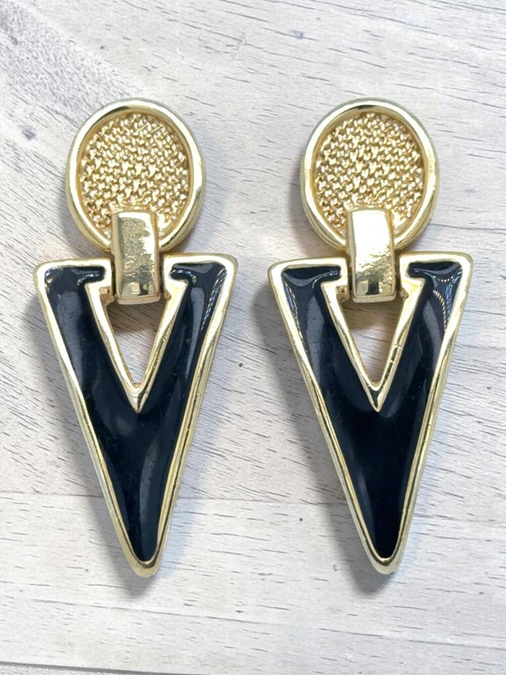 Vintage Gold-Tone and Black Enamel "V" Earrings